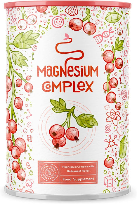 Magnesium Komplex - Magnesiumpulver mit 6 bioverfügbaren Magnesiumverbindungen und Johannisbeerengeschmack - Vegan, hochdosiert, zur Unterstützung von Muskeln, Nerven, Elektrolythaushalt - 300g