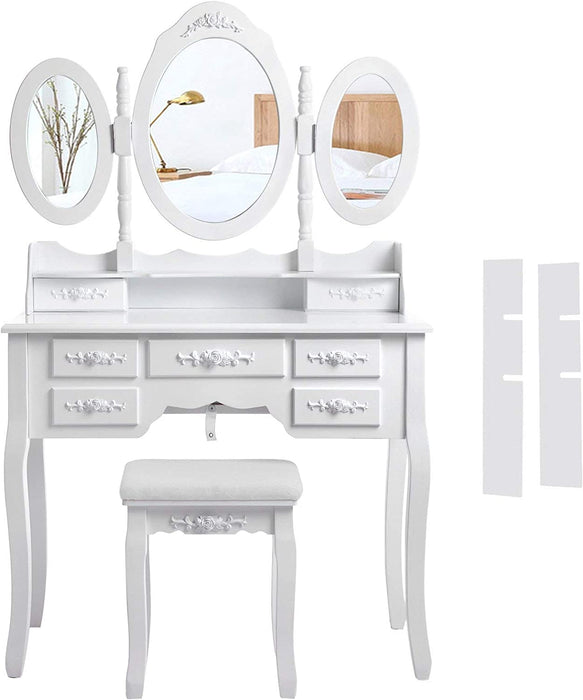 Schminktisch mit 3 Spiegel und Hocker, 7 Schubladen inkl. 2 Stück Unterteiler, Kippsicherung, luxuriös, 145 x 90 x 40 cm, weiß