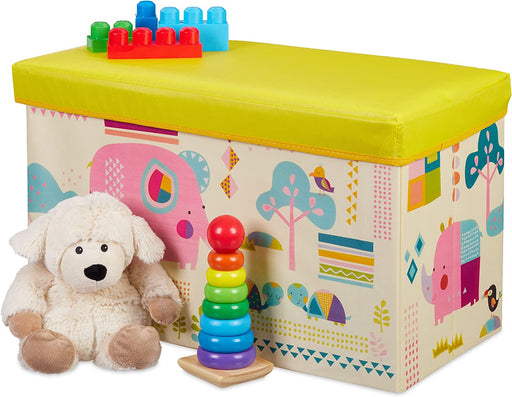 Sitzbox Kinder, Faltbare Aufbewahrungsbox mit Stauraum, Deckel, Motiv Tiere, Jungen & Mädchen, 50 Liter, gelb