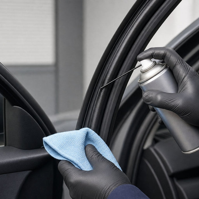 Silikonspray kontrolliert auf eine gereinigte Gummidichtung am Fahrzeug auftragen