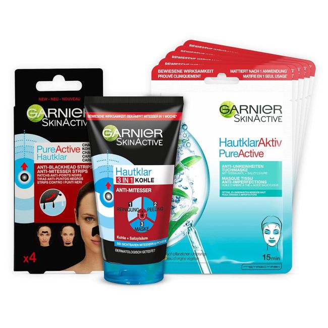 Garnier Gesichtspflege Set gegen Mitesser, Mit 3in1 Reinigung, Peeling und Maske
