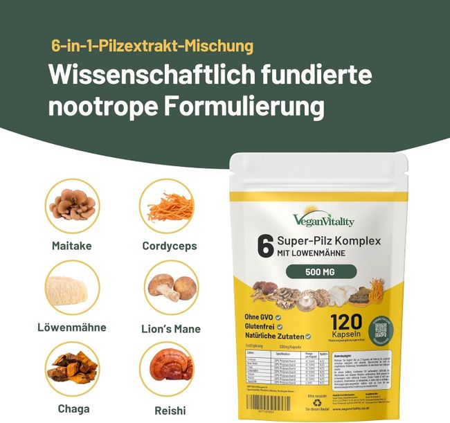 Vegan Vitality 6 Super Pilz Complex Kapseln