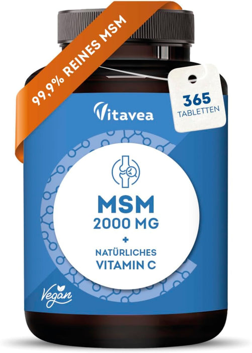 MSM 2000mg mit Vitamin C 60mg - 99,9% reines MSM (Methylsulfonylmethan) - 365 hochdosierte vegane Tabletten - Laborgeprüft, ohne unerwünschte Zusätze - Vitavea