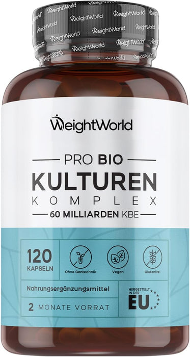 Pro Bio Kulturen Komplex - 60 Milliarden KBE pro Portion - Mit 20 Bakterienstämmen, Bio Inulin, FOS - 120 Kapseln - 2 Monate Vorrat - Mit Lactobacillus Reuteri & Bifidobacterium Infantis - WeightWorld
