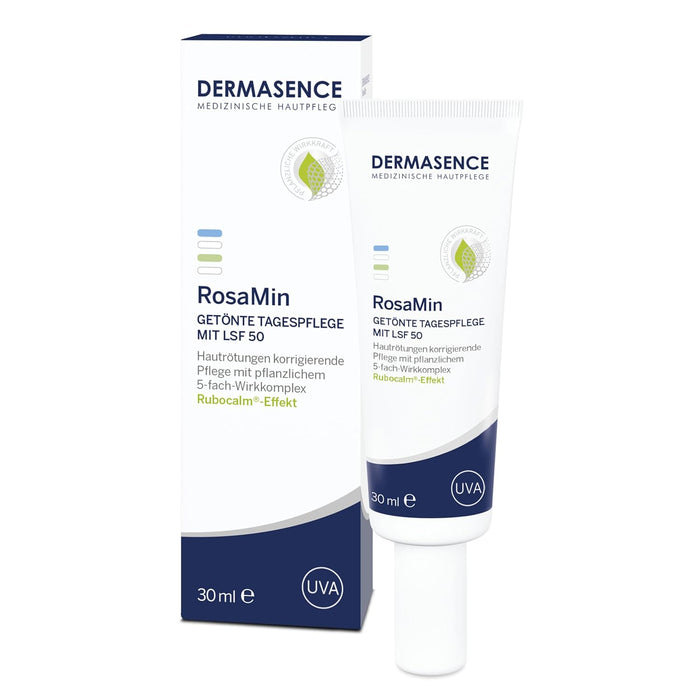 DERMASENCE RosaMin Getönte Tagespflege mit LSF 50, 30 ml – Grüne Creme gegen Rötungen im Gesicht, UV-Schutz, pigmentanpassend, parfümfrei, Couperose Pflege, empfindliche Haut, vegan, leicht getönt