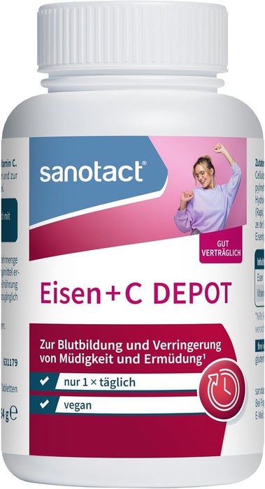 sanotact Eisen + C Depot, 90 Tabletten, Eisentabletten mit Vitamin C, Nahrungsergänzungsmittel, vegan, 1x täglich, 3 Monats-Vorrat
