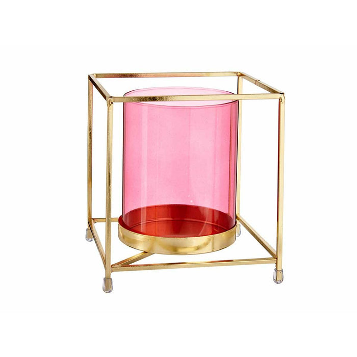Kerzenschale karriert Rosa Golden Metall Glas (14 x 15,5 x 14 cm)