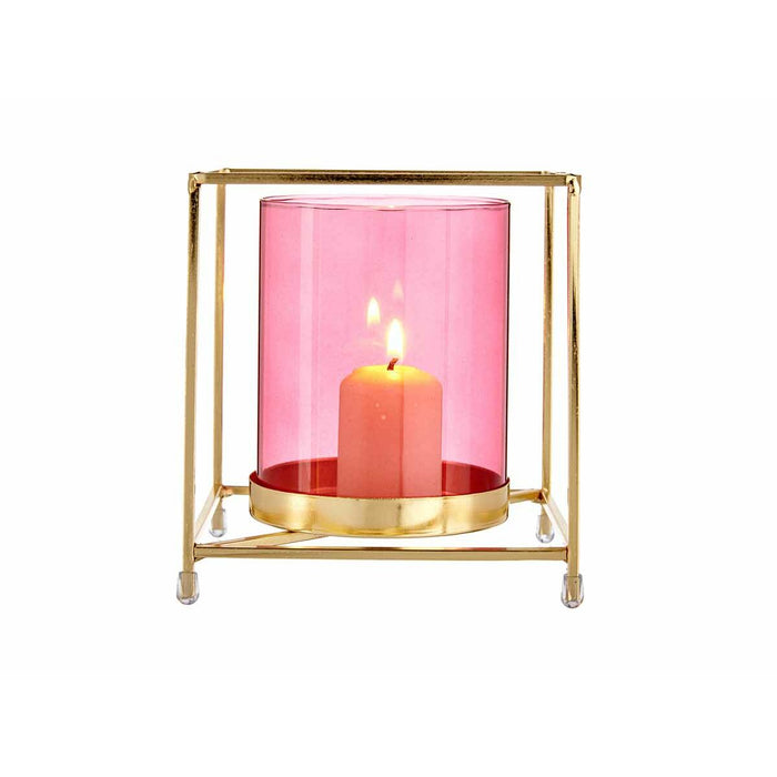 Kerzenschale karriert Rosa Golden Metall Glas (14 x 15,5 x 14 cm)