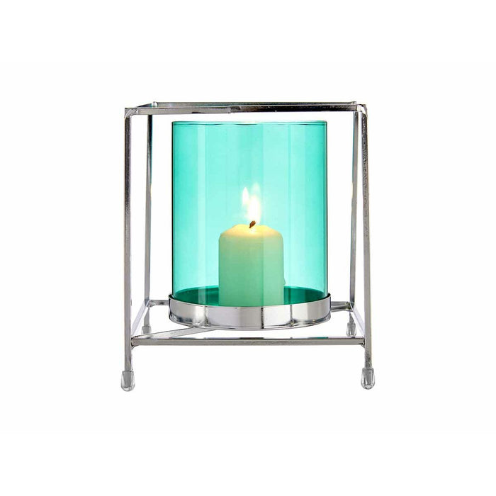 Kerzenschale karriert Silberfarben Blau Metall Glas (14 x 15,5 x 14 cm)