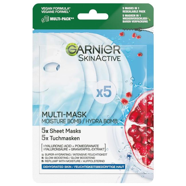 Garnier Feuchtigkeitsspendende Tuchmasken für trockene Haut, Mit Hyaluronsäure und Granatapfel