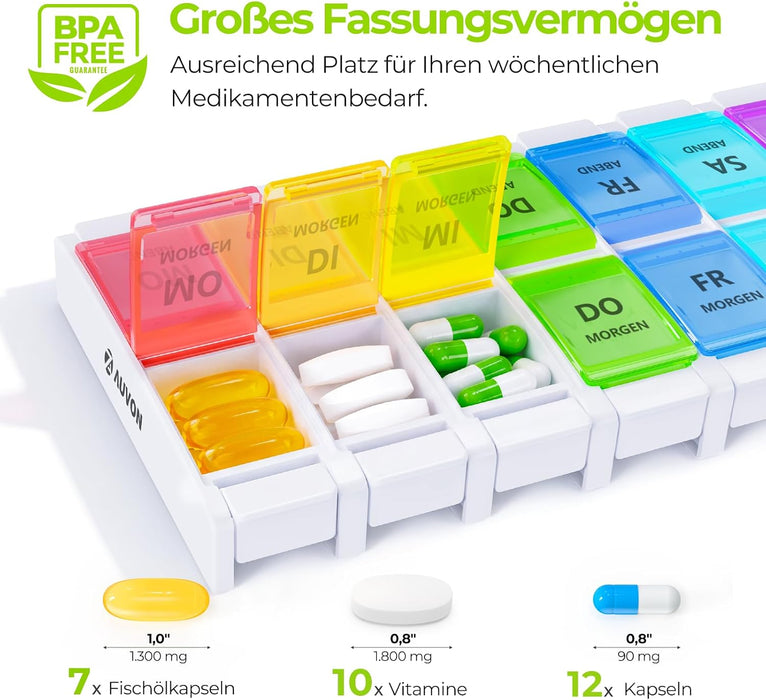 AUVON Wochen-Tablettenbox mit Druckknopfdeckeln