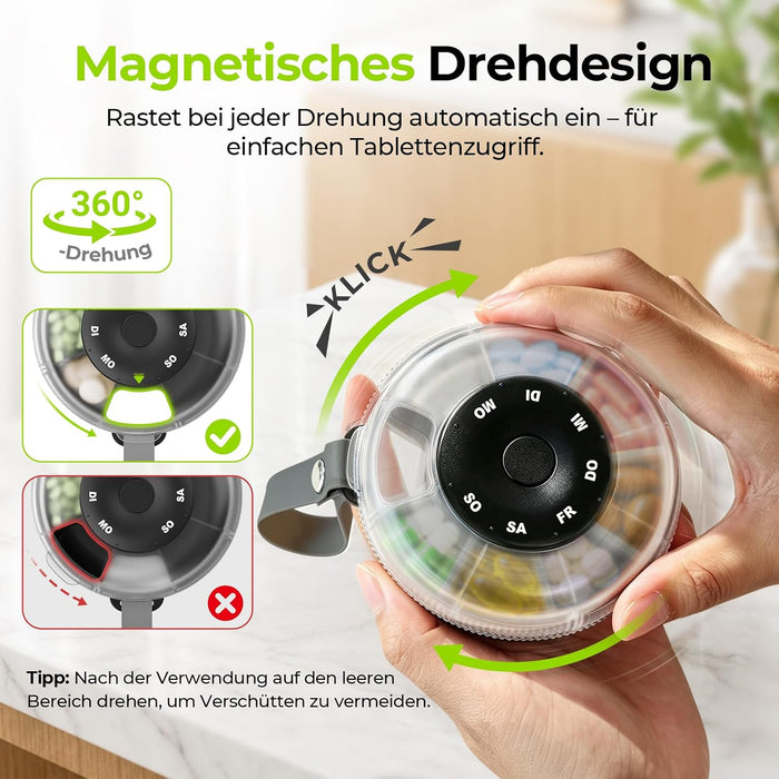 AUVON kleiner runder Tablettenorganizer mit Magnetdeckel
