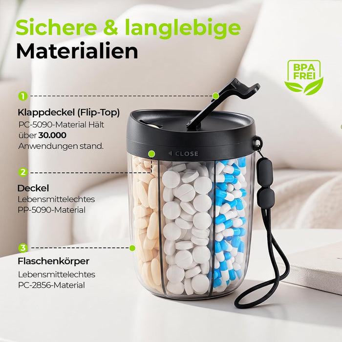 AUVON runder Tablettenorganizer mit fünf Fächern und einem XL-Fach