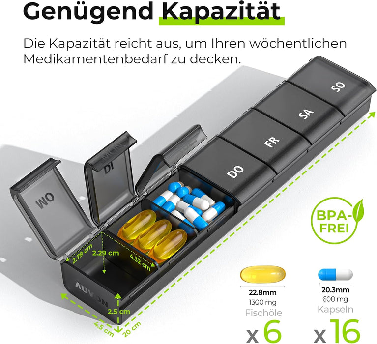 AUVON schwarze Wochen-Tablettenbox mit sieben Reihenfächern