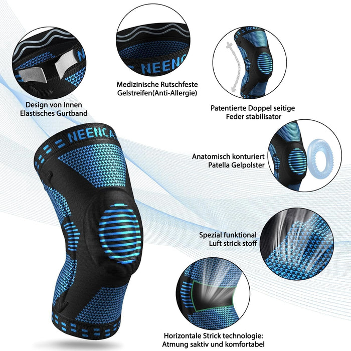 NEENCA Kniebandage mit Patellapolster und Federstabilisatoren, Blau, L