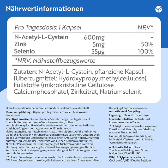 Nutravita NAC+ 600 mg mit Zink und Selen