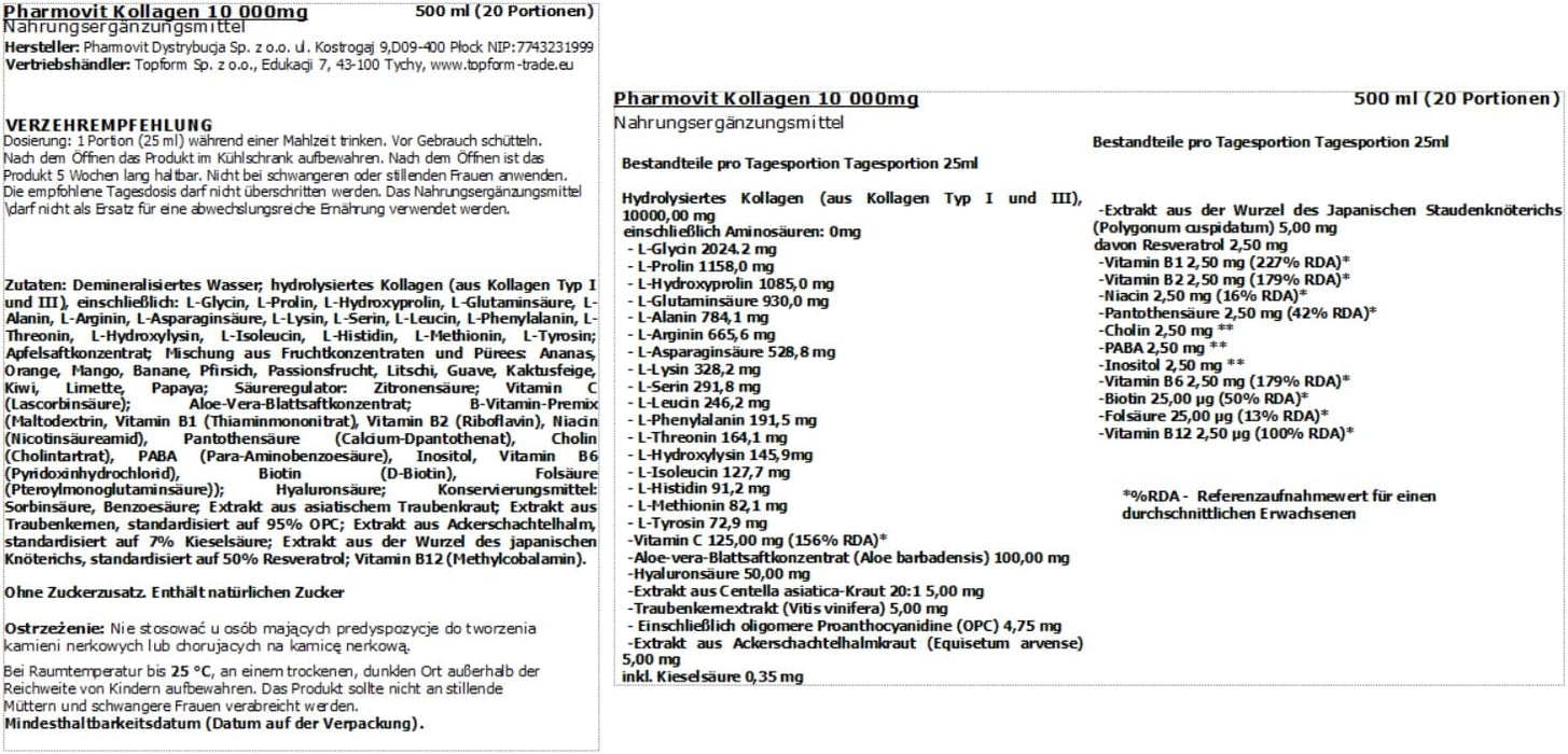 Pharmovit Flüssiges Kollagen Typ I und III mit Hyaluronsäure und Biotin