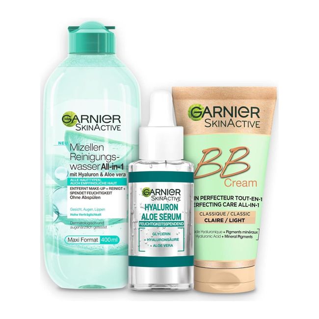 Garnier Pflegeset für das Gesicht, Mit Mizellen Reinigungswasser, Hyaluron Aloe Serum und BB Cream