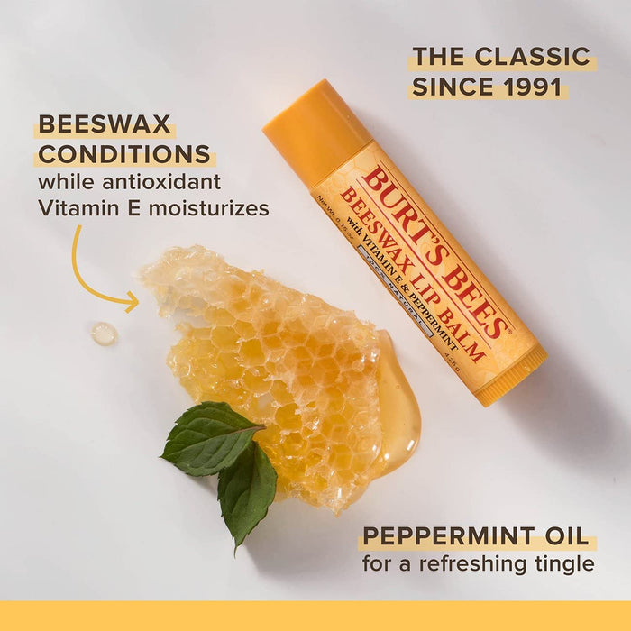 100 Prozent Natürlicher feuchtigkeitsspendender Lippenbalsam, Original Bienenwachs, mit Vitamin E und Pfefferminzöl, 1 Stift
