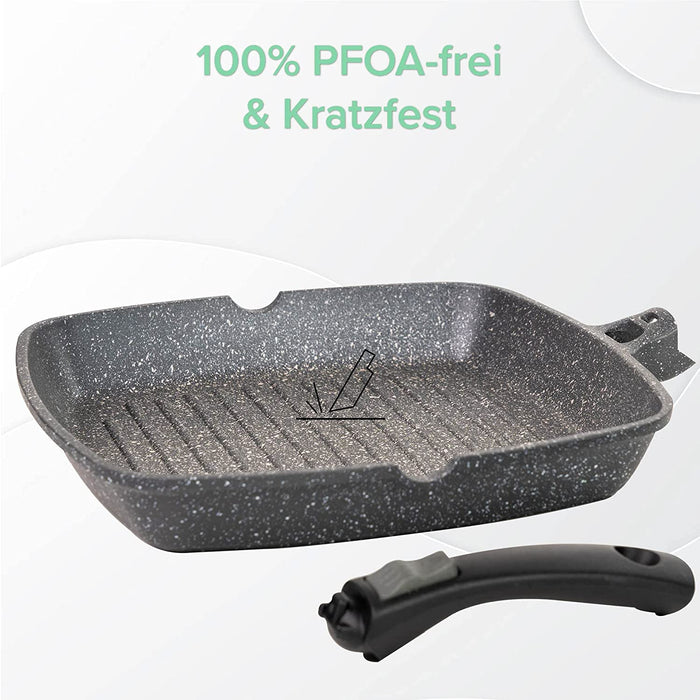 100% PFOA-freie Antihaft Grillpfanne - 28 cm Griddle Pan mit ILAG-Beschichtung - Aluminium Grillpfanne mit abnehmbarem Griff - Bratpfanne 