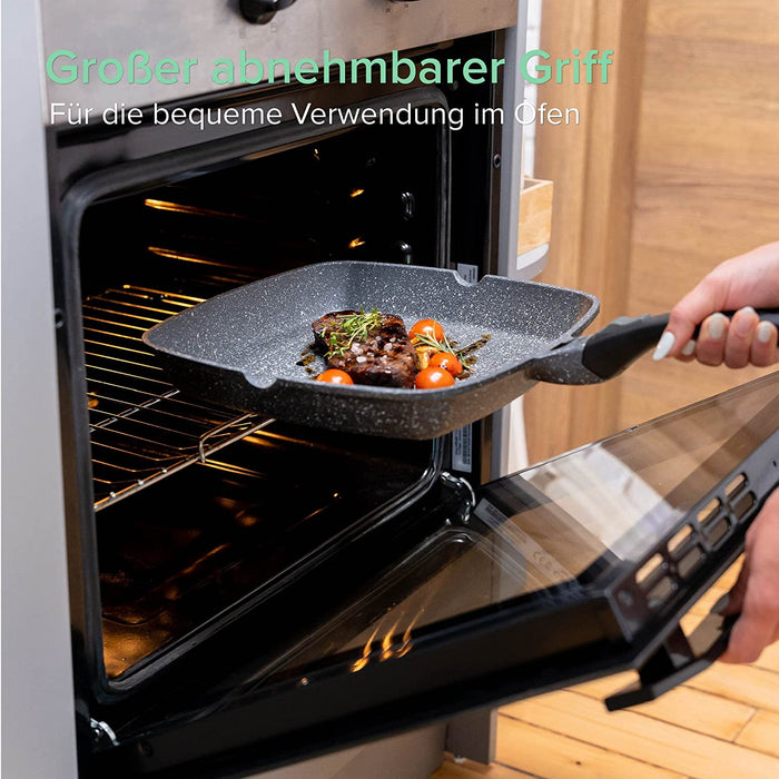 100% PFOA-freie Antihaft Grillpfanne - 28 cm Griddle Pan mit ILAG-Beschichtung - Aluminium Grillpfanne mit abnehmbarem Griff - Bratpfanne 