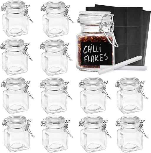 12 Mini Clip Top Gewürzdosen Glas Behälter 100 ml mit Etiketten und Kreidestift