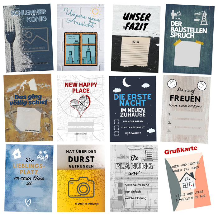 Meilensteinkarten Hausbau mit Grußkarte - Geschenk für Bauherr & Bauherrin - Meilensteinkarten als Bautagebuch für Häuslebauer, kreative Geschenkidee