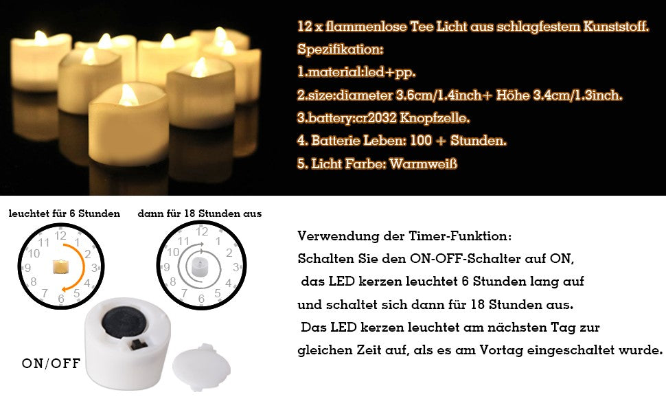 12 LED Teelichter mit Timer, 6 Stunden an und 18 Stunden aus, 3.6 x 3.6 cm elektrische flackernde batteriebetriebene Kerzen, warme weiße