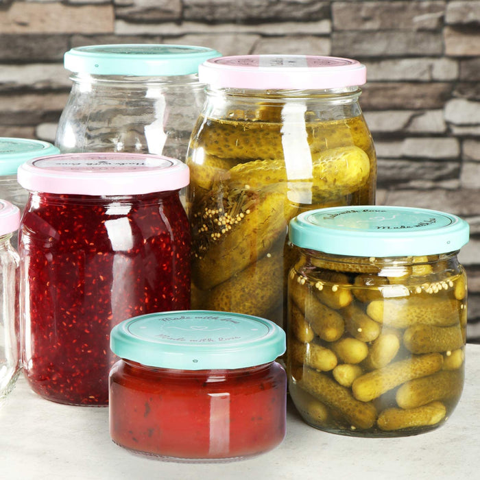 12x Einmachgläser mit Schraub-Deckel "Made with love" in grün und pink - TO Ø 82 mm - 250 ml