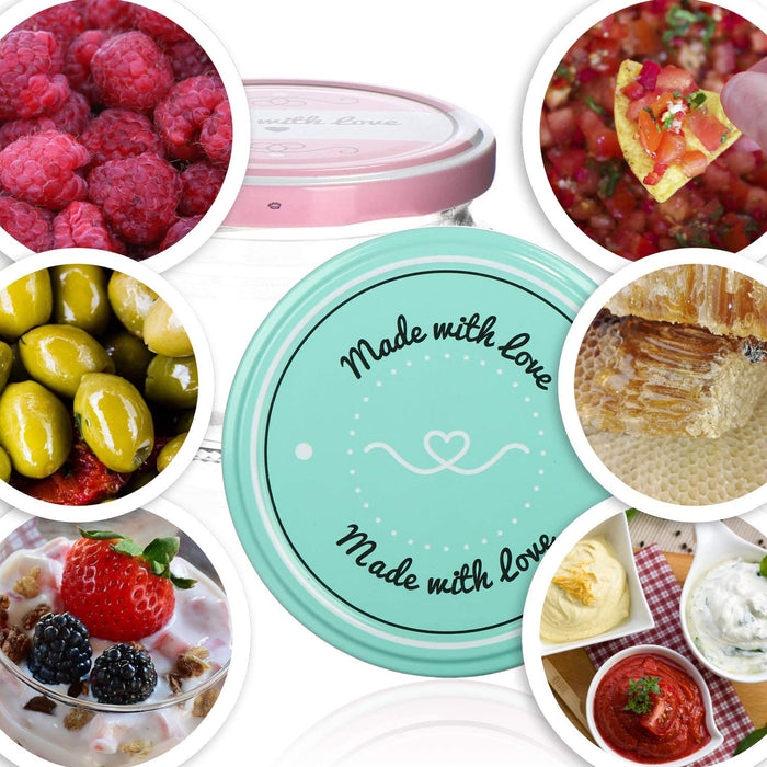 12x Einmachgläser mit Schraub-Deckel "Made with love" in grün und pink - TO Ø 82 mm - 250 ml