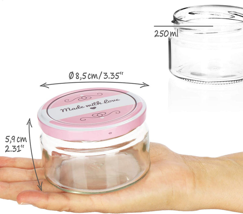 12x Einmachgläser mit Schraub-Deckel "Made with love" in grün und pink - TO Ø 82 mm - 250 ml