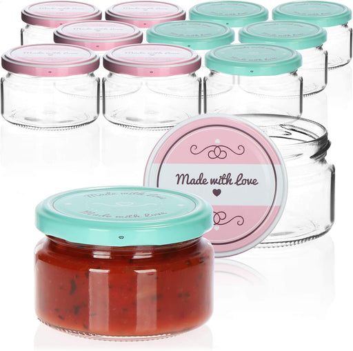 12x Einmachgläser mit Schraub-Deckel "Made with love" in grün und pink - TO Ø 82 mm - 250 ml