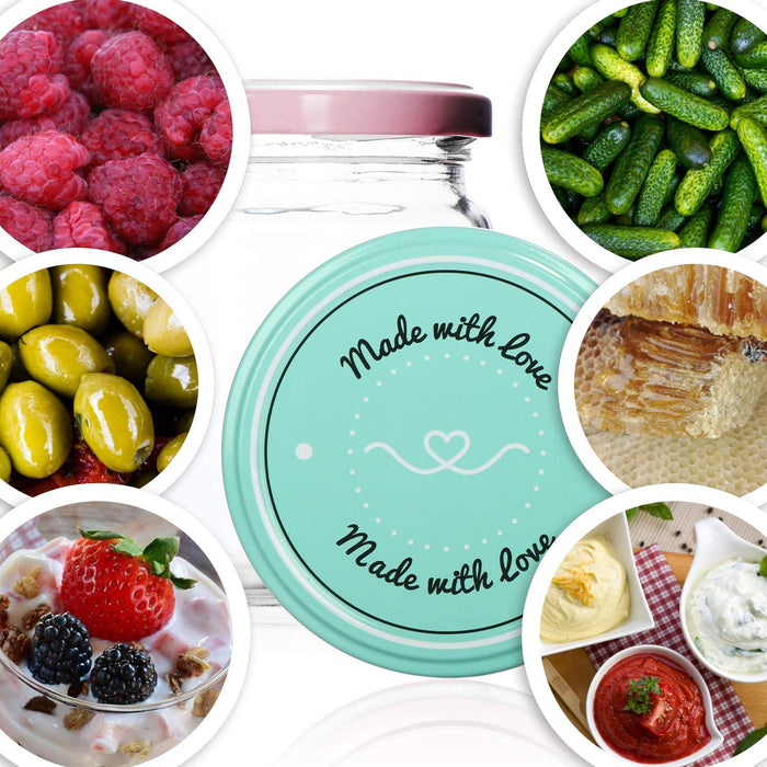 12x Einmachgläser mit Schraub-Deckel"Made with love" in grün und rosa - TO Ø 82 mm - bis zu ca. 425 ml