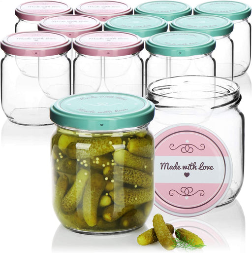 12x Einmachgläser mit Schraub-Deckel"Made with love" in grün und rosa - TO Ø 82 mm - bis zu ca. 425 ml