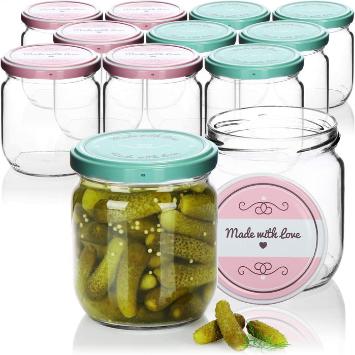 12x Einmachgläser mit Schraub-Deckel"Made with love" in grün und rosa - TO Ø 82 mm - bis zu ca. 425 ml