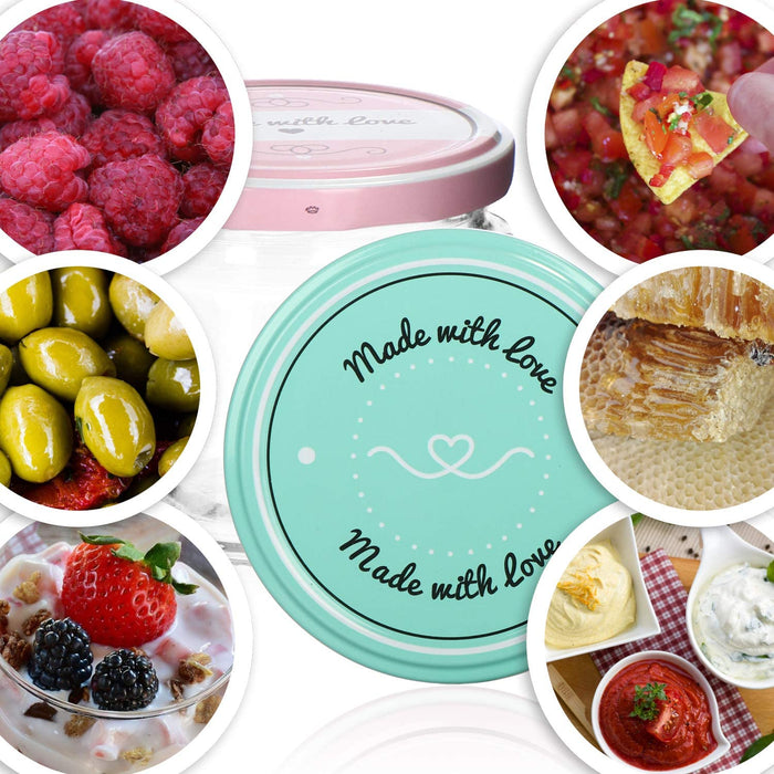 12x Einmachgläser mit Schraub-Deckel "Made with love" in grün und rosa - TO Ø 82 mm - bis zu ca. 330 ml