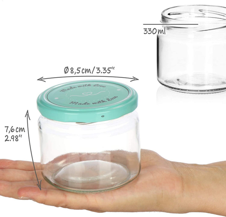 12x Einmachgläser mit Schraub-Deckel "Made with love" in grün und rosa - TO Ø 82 mm - bis zu ca. 330 ml