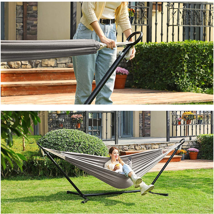 Hängematte mit Gestell, 210 x 150 cm, auf 5 Verschiedene Höhen verstellbar, Gestell aus Metall, bis 240 kg belastbar, für Garten