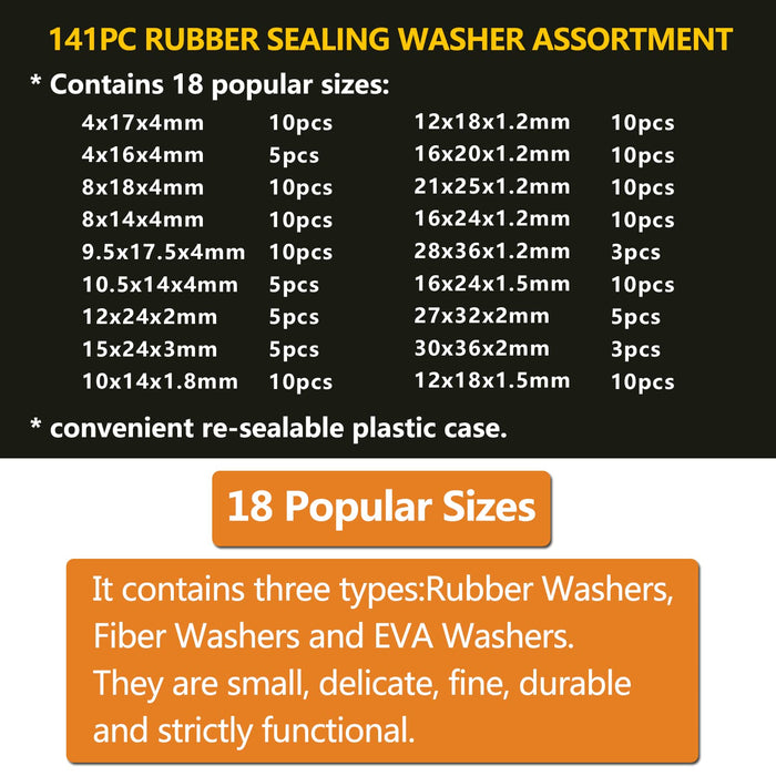 141 Stück Dichtungsring Sortiment Gummidichtungen, 18 Größen Fiberringe Unterlegscheibe O-Ringe Dichtringe im Set für die Anwendung im Sanitärbereich