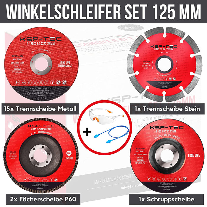 15 Trennscheiben 125x1,0mm [MIT SCHUTZBRILLE UND GEHÖHRSCHUTZ] 2 Fächerscheiben, 1 Flexscheibe Stein│ für Stahl, Edelstahl und Stein