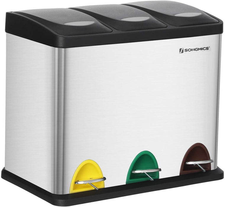 Mülleimer für die Küche, Treteimer aus Metall, 3-in-1 Abfalleimer, 24 Liter, Mülltrennung, Mülltrennsystem, einfach zu reinigen, Stahl, silbern