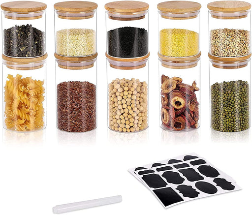 200ML + 300ML Vorratsdosen Glas 10er Set, Versiegeltes Gewurzglas aus Glas mit Bambusdeckel, Kuche Glasbehalter Glasdose, MEHRWEG