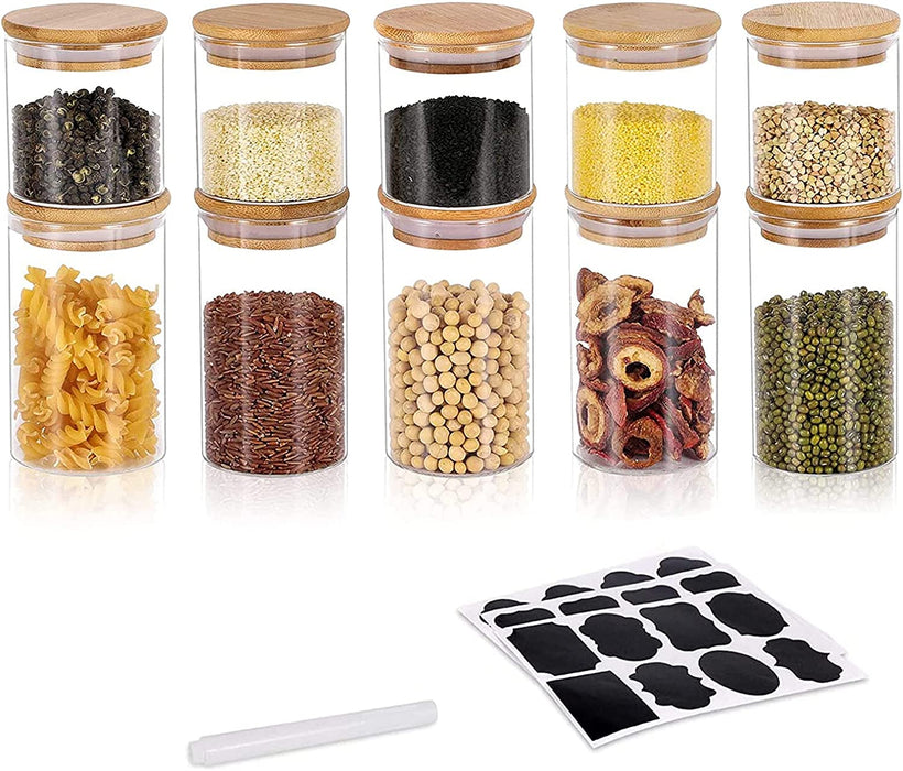 200ML + 300ML Vorratsdosen Glas 10er Set, Versiegeltes Gewurzglas aus Glas mit Bambusdeckel, Kuche Glasbehalter Glasdose, MEHRWEG