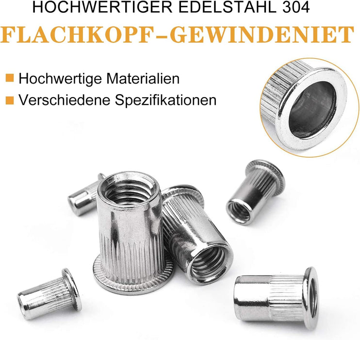200Stk Nietmuttern Sortiment M3 M4 M5 M6 M8 M10 Nietmutter A2-70 Edelstahl Werkzeug Flachkopf Gewinde Rivet Nutsert Cap Muttern Nietmutter Sortiment
