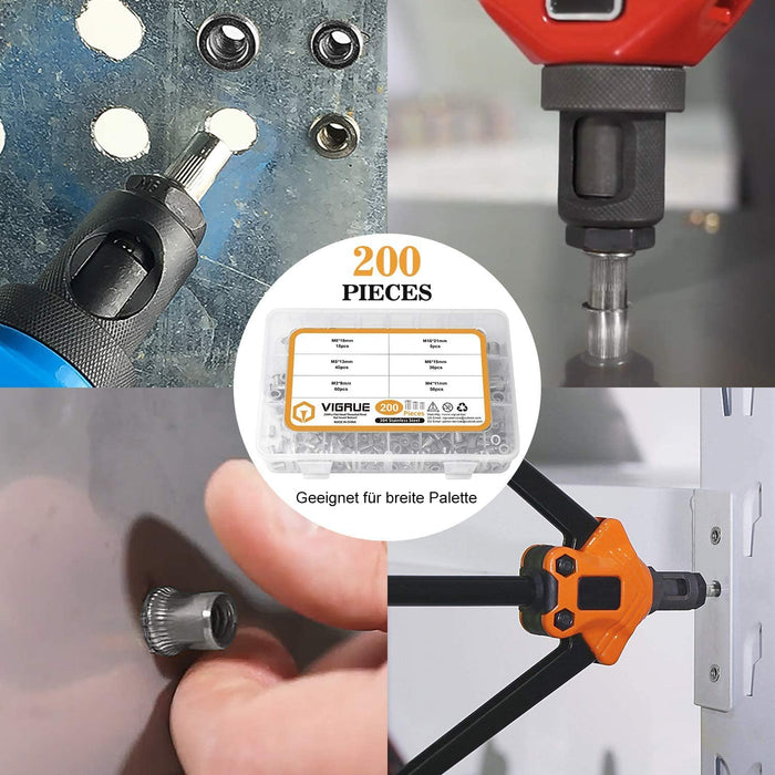 200Stk Nietmuttern Sortiment M3 M4 M5 M6 M8 M10 Nietmutter A2-70 Edelstahl Werkzeug Flachkopf Gewinde Rivet Nutsert Cap Muttern Nietmutter Sortiment