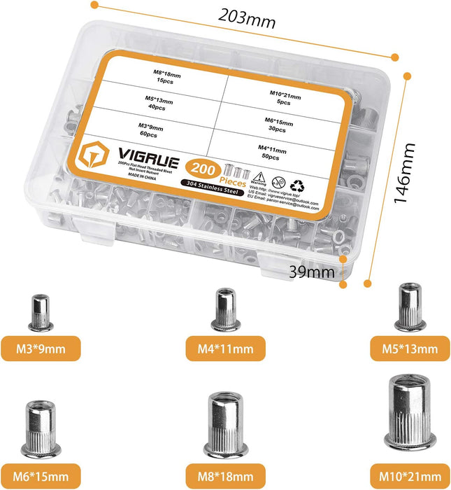 200Stk Nietmuttern Sortiment M3 M4 M5 M6 M8 M10 Nietmutter A2-70 Edelstahl Werkzeug Flachkopf Gewinde Rivet Nutsert Cap Muttern Nietmutter Sortiment