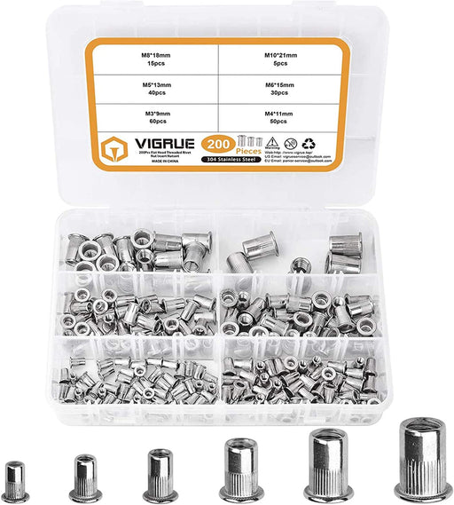 200Stk Nietmuttern Sortiment M3 M4 M5 M6 M8 M10 Nietmutter A2-70 Edelstahl Werkzeug Flachkopf Gewinde Rivet Nutsert Cap Muttern Nietmutter Sortiment