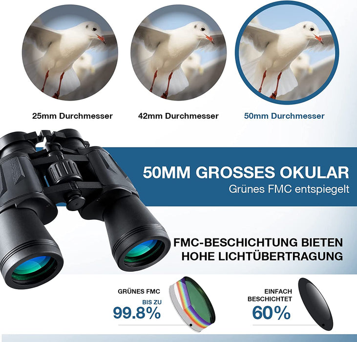 20x50 Fernglas - Fernglas Erwachsene mit Nachtsicht bei Schwachem Licht, BAK4 Prism FMC-Objektiv Kompaktes Ferngläser mit Smartphone-Adapter