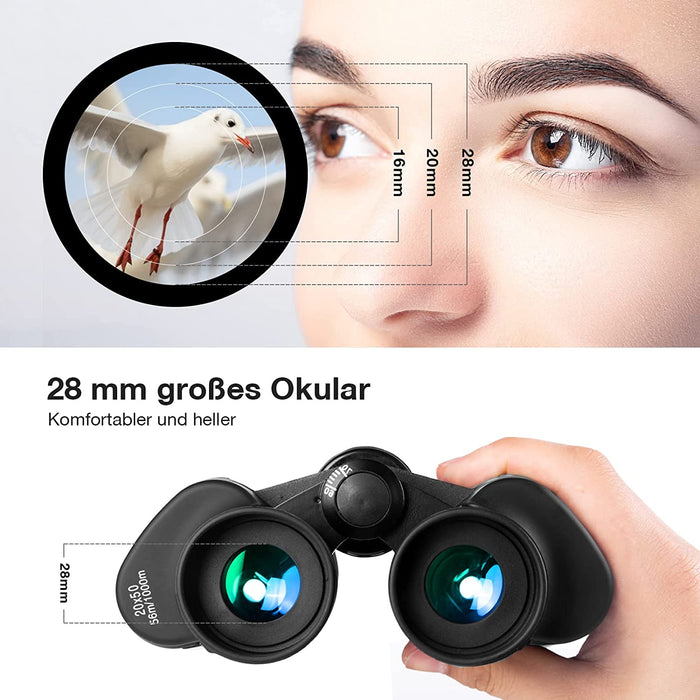 20x50 Fernglas - Fernglas Erwachsene mit Nachtsicht bei Schwachem Licht, BAK4 Prism FMC-Objektiv Kompaktes Ferngläser mit Smartphone-Adapter