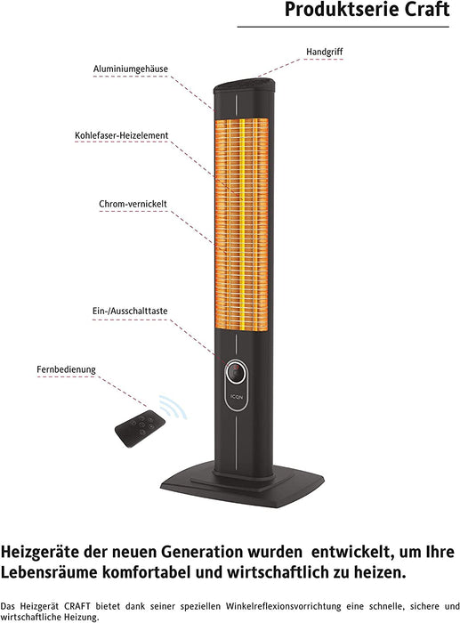 2300 Watt Stand Heizstrahler | 4 Heizstufen mit Fernbedienung | Kohlenstoff Infrarotstrahler für Innen- & Außenbereich | Terrassenstrahler